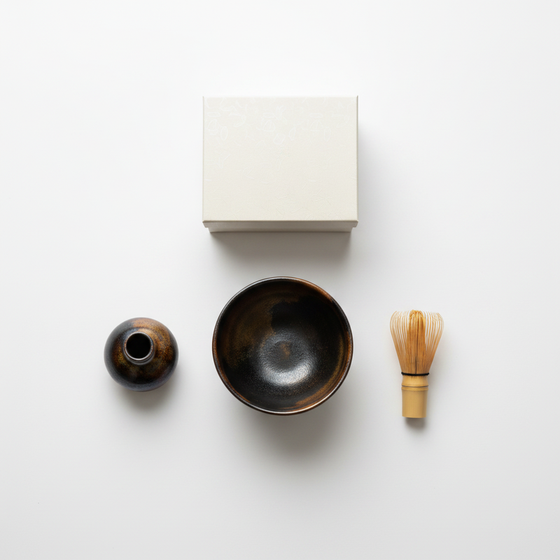 Japanese Tea Set — Wave Pattern Chawan, 5-Piece Ceramic, Wabi-Sabi