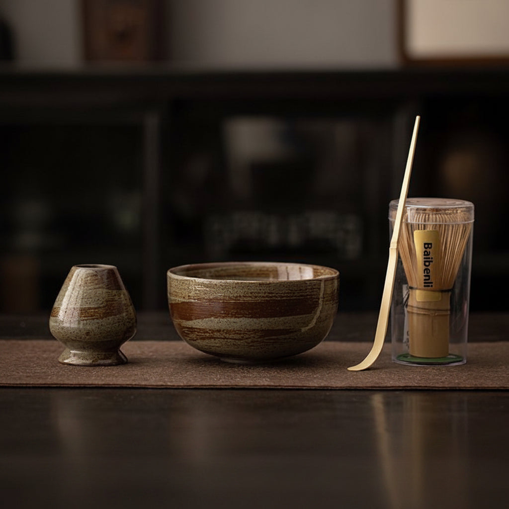Japanese Tea Set — Wave Pattern Chawan, 5-Piece Ceramic, Wabi-Sabi