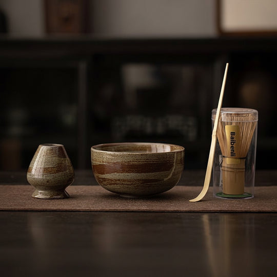 Japanese Tea Set — Wave Pattern Chawan, 5-Piece Ceramic, Wabi-Sabi