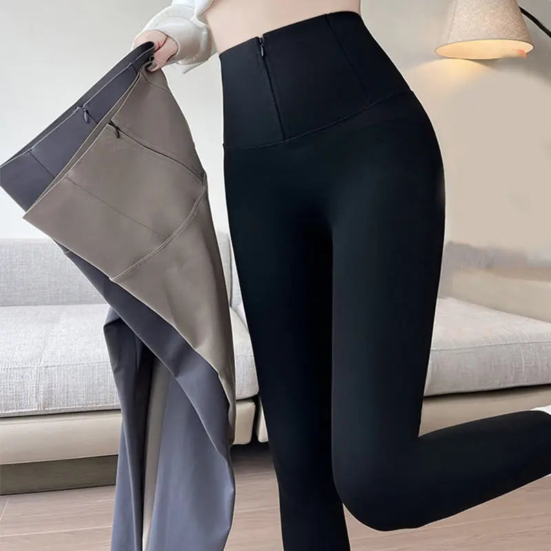 Belly-controlling Butt Lifting Leggings With Three-breasted Design Winter High Waist Slim Zippere Pants Warm Velvet And Thickened Trousers Women Clothing - Unique Unique Unique Belly-controlling Butt Lifting Leggings With Three-breasted Design Winter High Waist Slim Zippere Pants Warm Velvet And Thickened Trousers Women Clothing