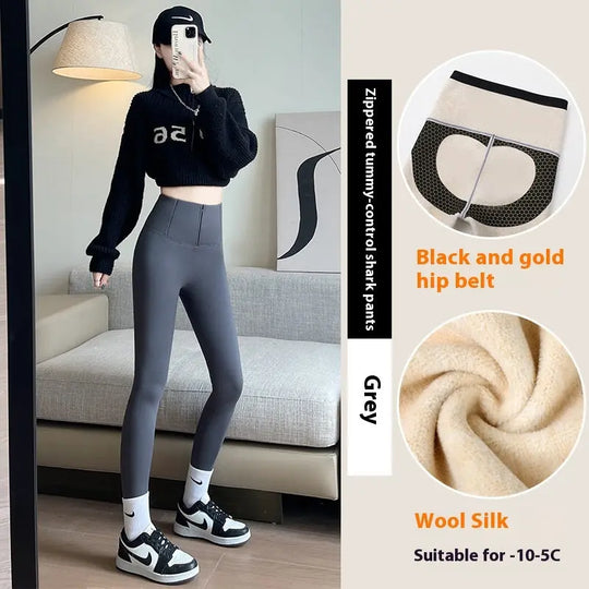 Belly-controlling Butt Lifting Leggings With Three-breasted Design Winter High Waist Slim Zippere Pants Warm Velvet And Thickened Trousers Women Clothing - Unique Unique Unique Belly-controlling Butt Lifting Leggings With Three-breasted Design Winter High Waist Slim Zippere Pants Warm Velvet And Thickened Trousers Women Clothing