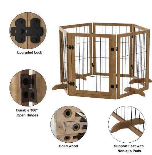 Dog Gate With Door Walk Through 144 Extra Wide 32 Tall 6 Panels Foldable Wire Pet Gate Barrier For House Doorway Stairs Pet Puppy Safety Fence Support Feet Included Solid Hard Wood - Unique Unique Unique Dog Gate With Door Walk Through 144 Extra Wide 32 Tall 6 Panels Foldable Wire Pet Gate Barrier For House Doorway Stairs Pet Puppy Safety Fence Support Feet Included Solid Hard Wood