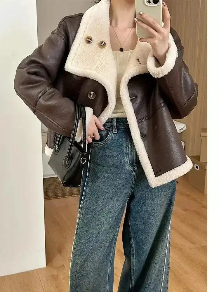 Eco-leather Inner Wool Grain Leather Grass Coat - Unique Unique Unique Eco-leather Inner Wool Grain Leather Grass Coat