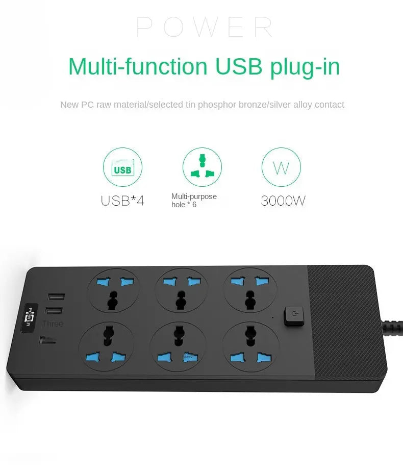 2024 New 3000W Power Strip With Built-in 4USB Interface, 6 Direct Power Sockets, 2M Cable, High-power Strip - Unique Unique Unique 2024 New 3000W Power Strip With Built-in 4USB Interface, 6 Direct Power Sockets, 2M Cable, High-power Strip