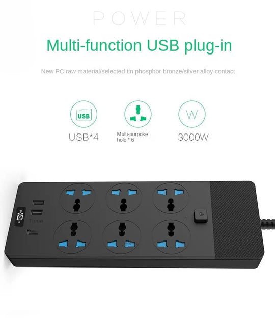2024 New 3000W Power Strip With Built-in 4USB Interface, 6 Direct Power Sockets, 2M Cable, High-power Strip - Unique Unique Unique 2024 New 3000W Power Strip With Built-in 4USB Interface, 6 Direct Power Sockets, 2M Cable, High-power Strip