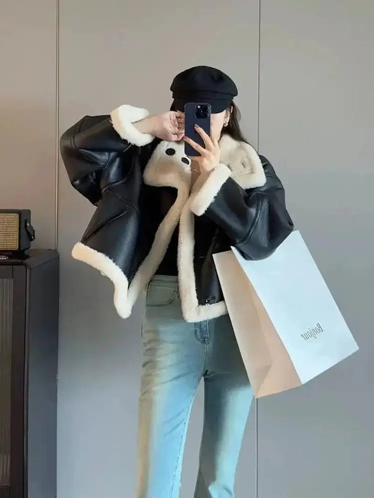 Eco-leather Inner Wool Grain Leather Grass Coat - Unique Unique Unique Eco-leather Inner Wool Grain Leather Grass Coat