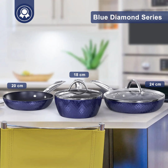Frying Pan Sets Non Stick 3Pieces Blue 3D Diamond Cookware - Unique Unique Unique Frying Pan Sets Non Stick 3Pieces Blue 3D Diamond Cookware