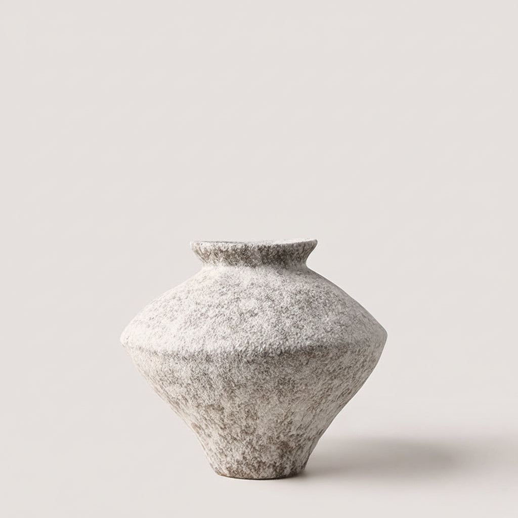 Large short organic ceramic vase in matte white with unglazed ceramic base