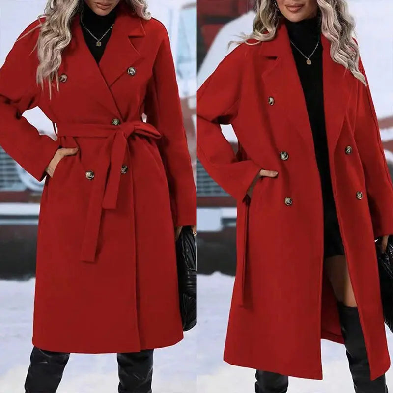Lapel Double-breasted Trench Coat With Belt Winter Fashion Solid Color Long Jacket Outwear Women Clothing - Unique Unique Unique Lapel Double-breasted Trench Coat With Belt Winter Fashion Solid Color Long Jacket Outwear Women Clothing