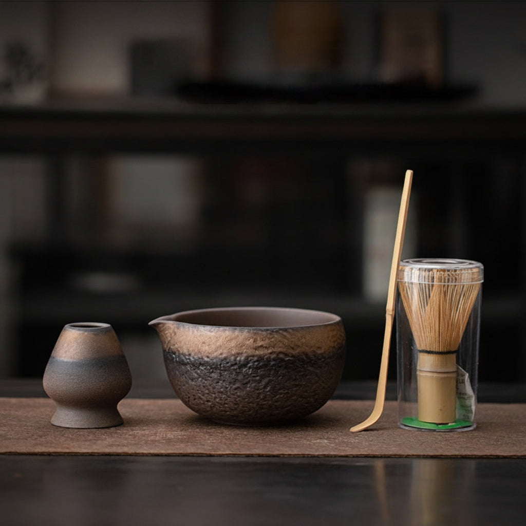 Matcha bowl set with chawan bowl, bamboo chasen whisk, chasentate holder and gift box