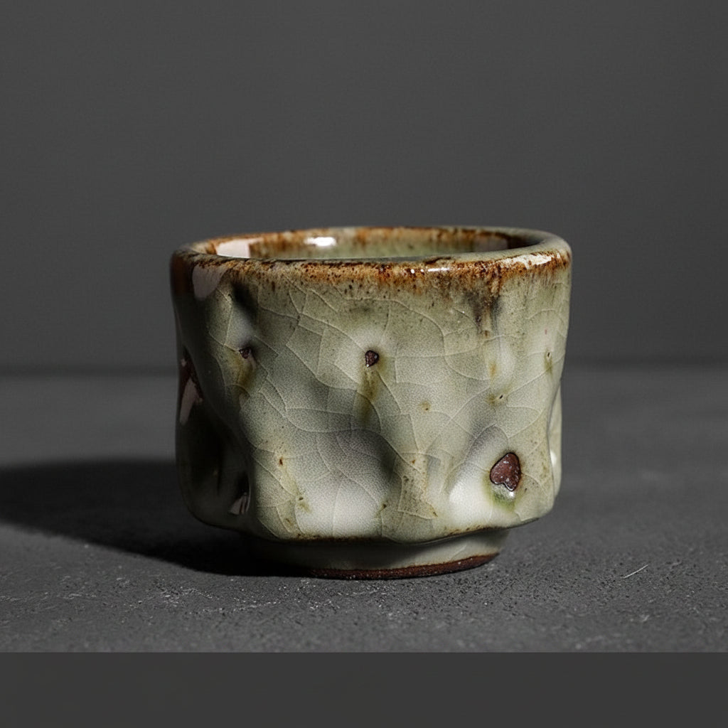Handmade Jianzhan round tea cup with green-brown tenmoku glaze