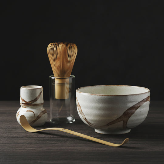 Japanese Tea Set — Wave Pattern Chawan, 5-Piece Ceramic, Wabi-Sabi