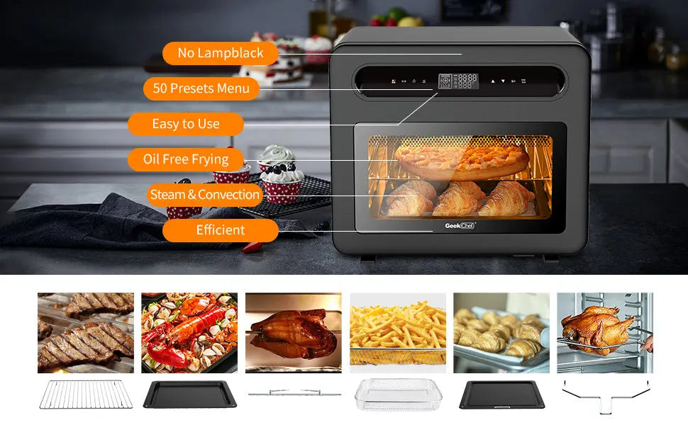 Geek Chef Steam Air Fryer Toast Oven Combo , 26 QT Steam Convection Oven Countertop , 50 Cooking Presets, With 6 Slice Toast, 12 In Pizza, Black Stainless Steel. Prohibited From Listing On Amazon - Unique Unique Unique Geek Chef Steam Air Fryer Toast Oven Combo , 26 QT Steam Convection Oven Countertop , 50 Cooking Presets, With 6 Slice Toast, 12 In Pizza, Black Stainless Steel. Prohibited From Listing On Amazon