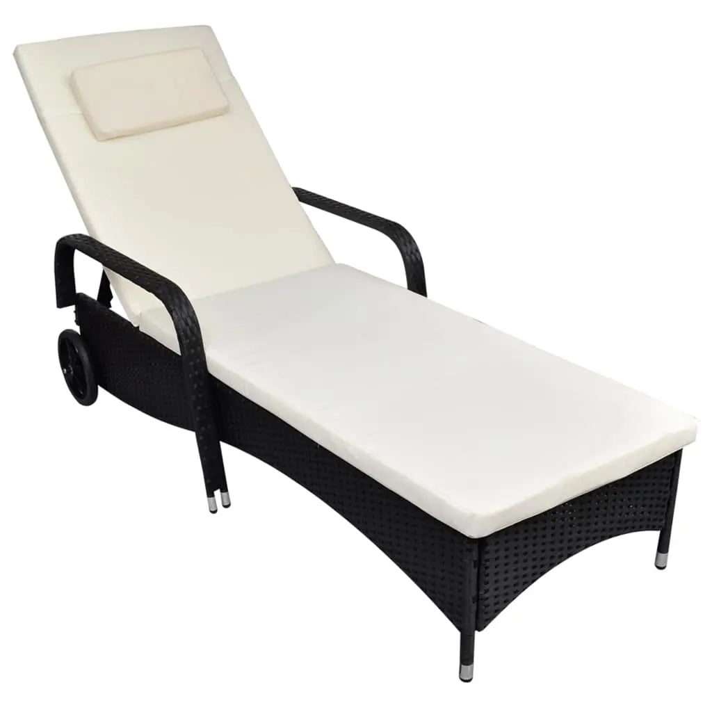 NNEVL Sun Lounger with Cushion & Wheels Poly Rattan Black NNEVL