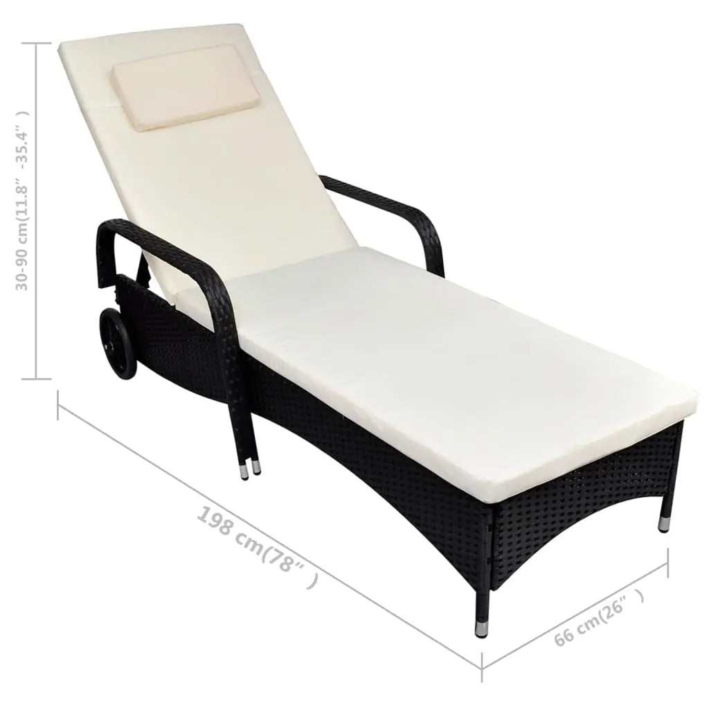 NNEVL Sun Lounger with Cushion & Wheels Poly Rattan Black NNEVL