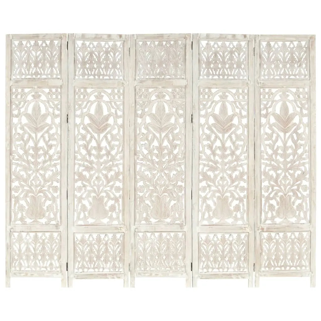 NNEVL Hand carved 5-Panel Room Divider White 200x165 cm Solid Mango Wood NNEVL