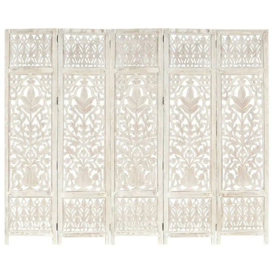 NNEVL Hand carved 5-Panel Room Divider White 200x165 cm Solid Mango Wood NNEVL
