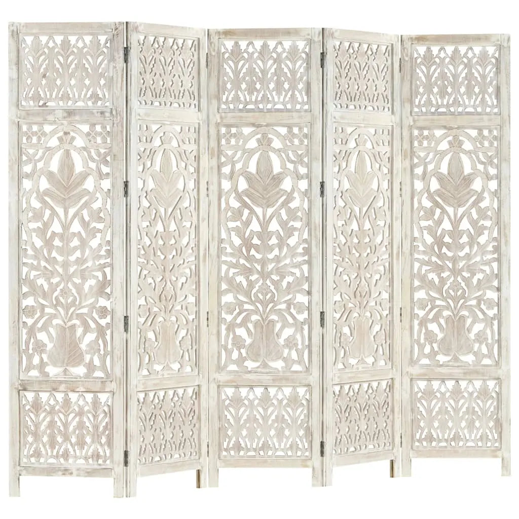 NNEVL Hand carved 5-Panel Room Divider White 200x165 cm Solid Mango Wood NNEVL