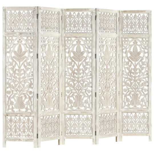 NNEVL Hand carved 5-Panel Room Divider White 200x165 cm Solid Mango Wood NNEVL