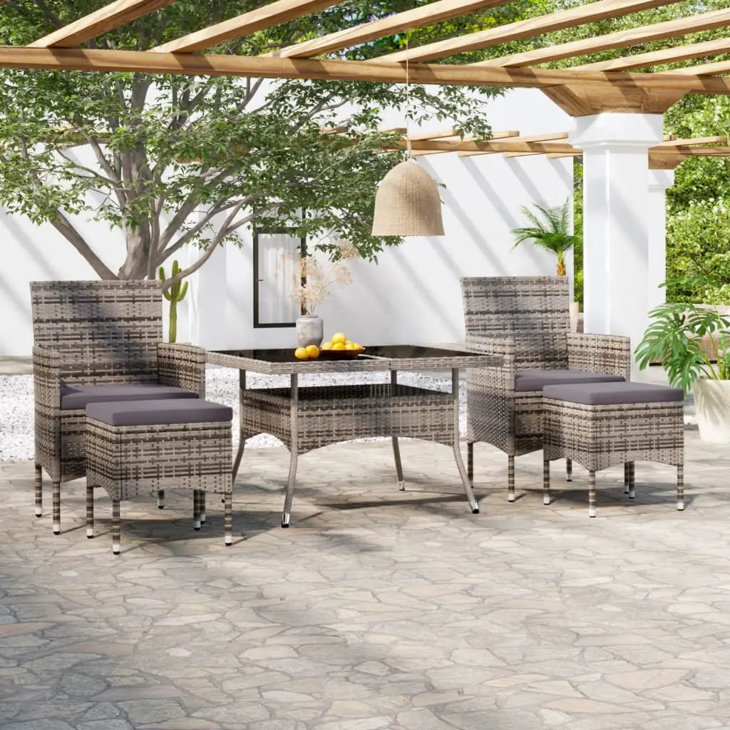 NNEVL 5 Piece Garden Dining Set Poly Rattan and Tempered Glass Grey - Unique