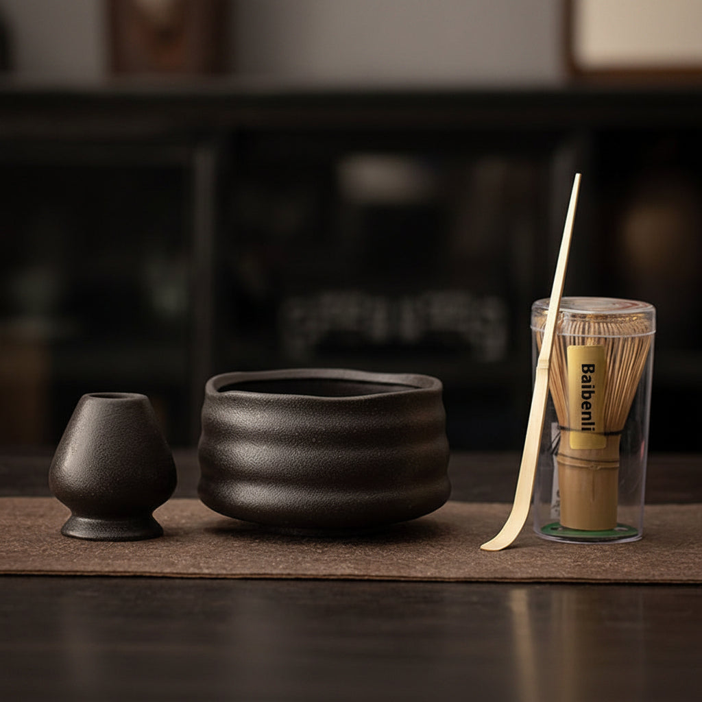 Wave pattern black chawan matcha bowl with raised relief texture exterior