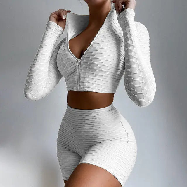 2 Pieces Women Yoga Set Workout Clothes Summer Famel Fitness Tracksuits Solid Color Zipper Tops And High Waist Shorts - Unique Unique Unique 2 Pieces Women Yoga Set Workout Clothes Summer Famel Fitness Tracksuits Solid Color Zipper Tops And High Waist Shorts