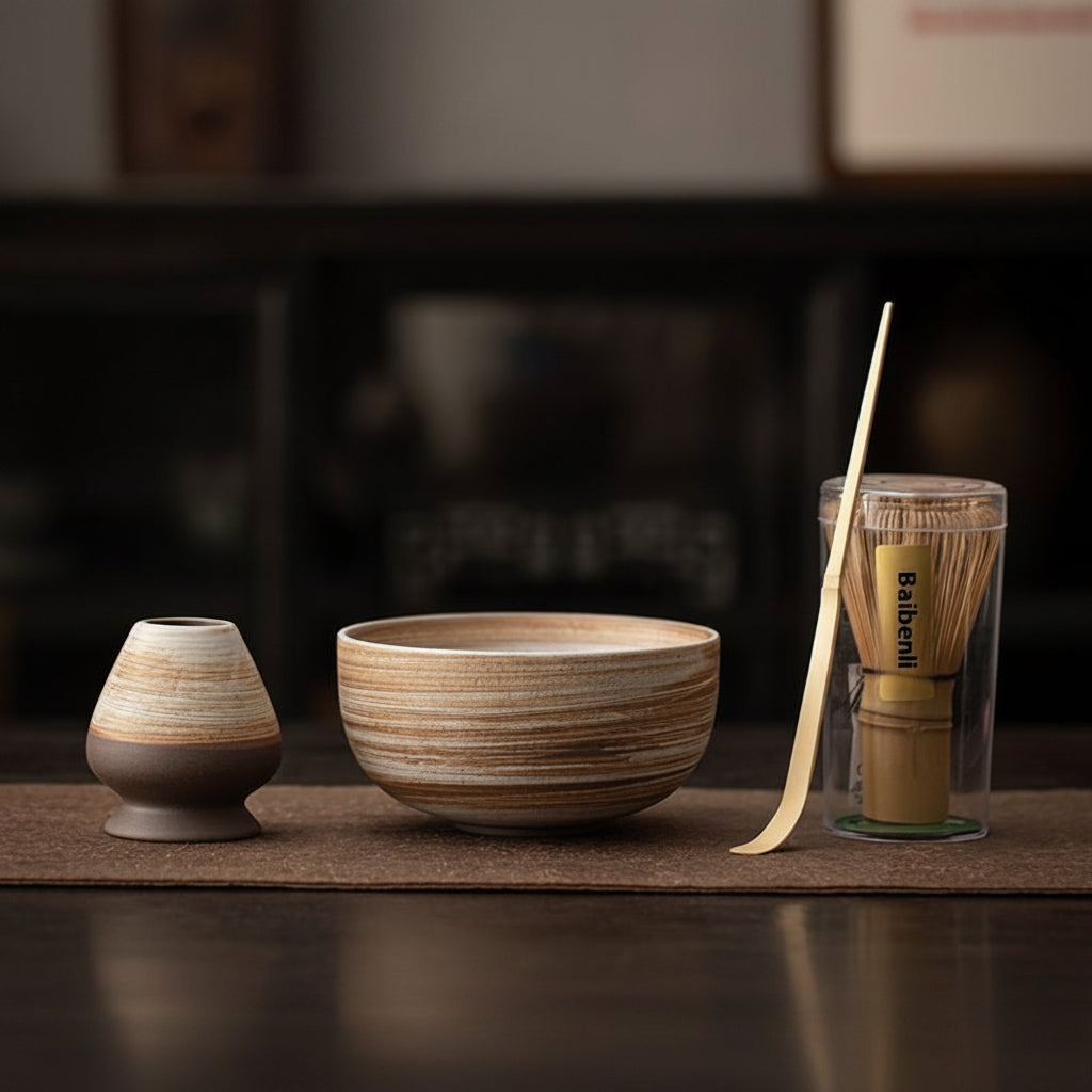 Complete matcha set with wave chawan bowl, bamboo chasen whisk and chasentate holder