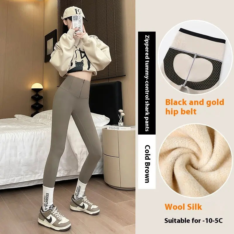Belly-controlling Butt Lifting Leggings With Three-breasted Design Winter High Waist Slim Zippere Pants Warm Velvet And Thickened Trousers Women Clothing - Unique Unique Unique Belly-controlling Butt Lifting Leggings With Three-breasted Design Winter High Waist Slim Zippere Pants Warm Velvet And Thickened Trousers Women Clothing