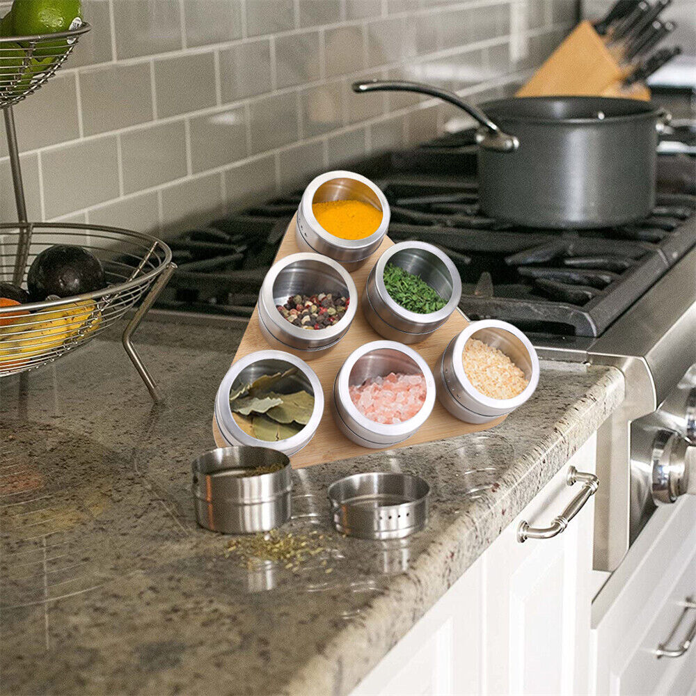NNEDSZ Magnetic Triangular Bamboo Spice Rack & Jars For Kitchen Storage-4