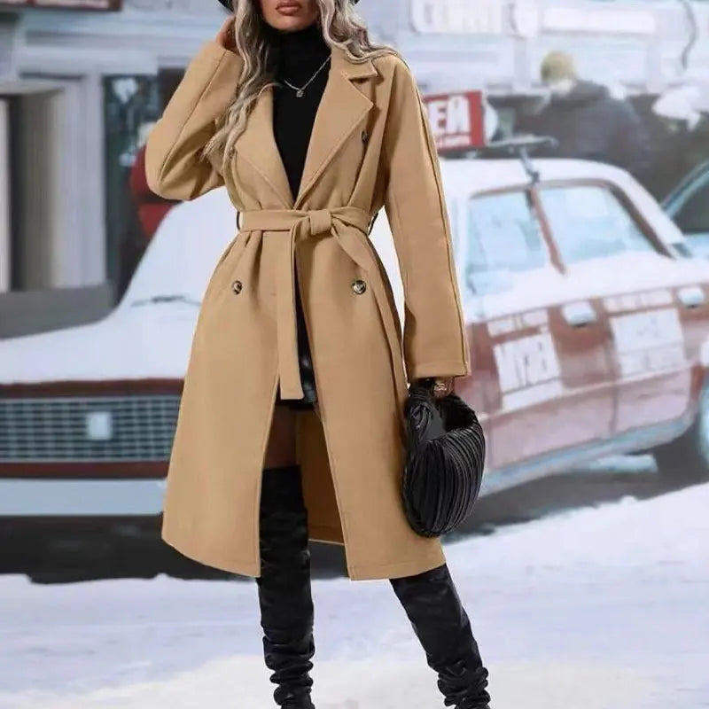 Lapel Double-breasted Trench Coat With Belt Winter Fashion Solid Color Long Jacket Outwear Women Clothing - Unique Unique Unique Lapel Double-breasted Trench Coat With Belt Winter Fashion Solid Color Long Jacket Outwear Women Clothing