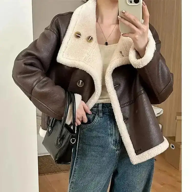 Eco-leather Inner Wool Grain Leather Grass Coat - Unique Unique Unique Eco-leather Inner Wool Grain Leather Grass Coat