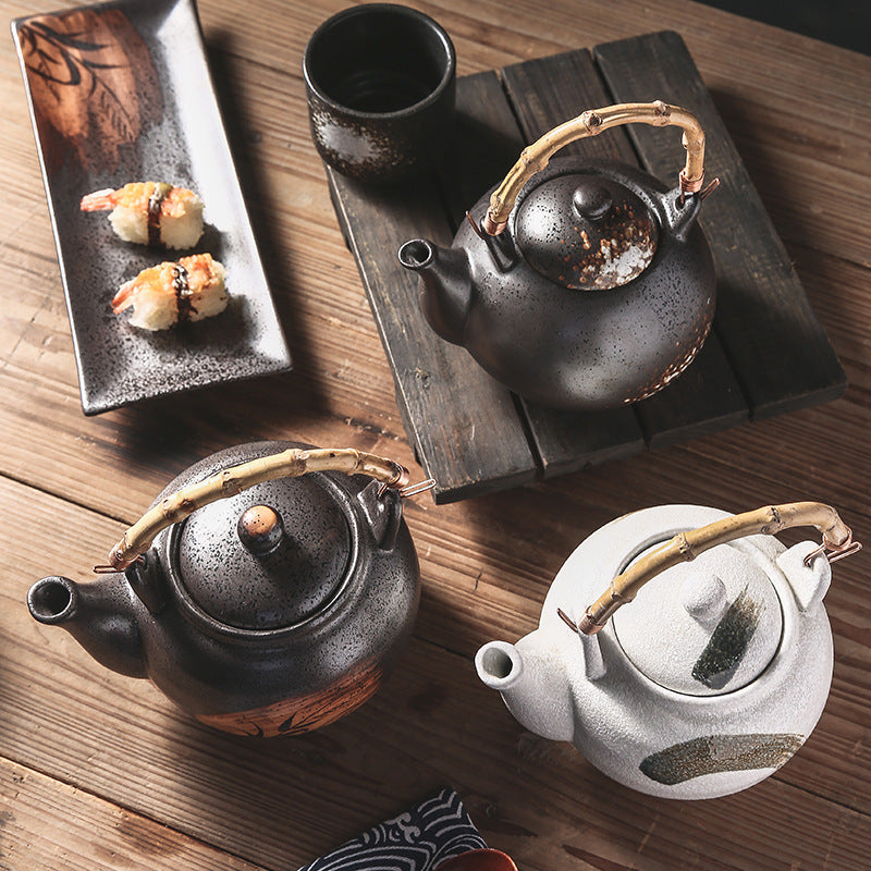 Ceramic Teapot — Wabi-sabi Glaze, Bamboo Handle