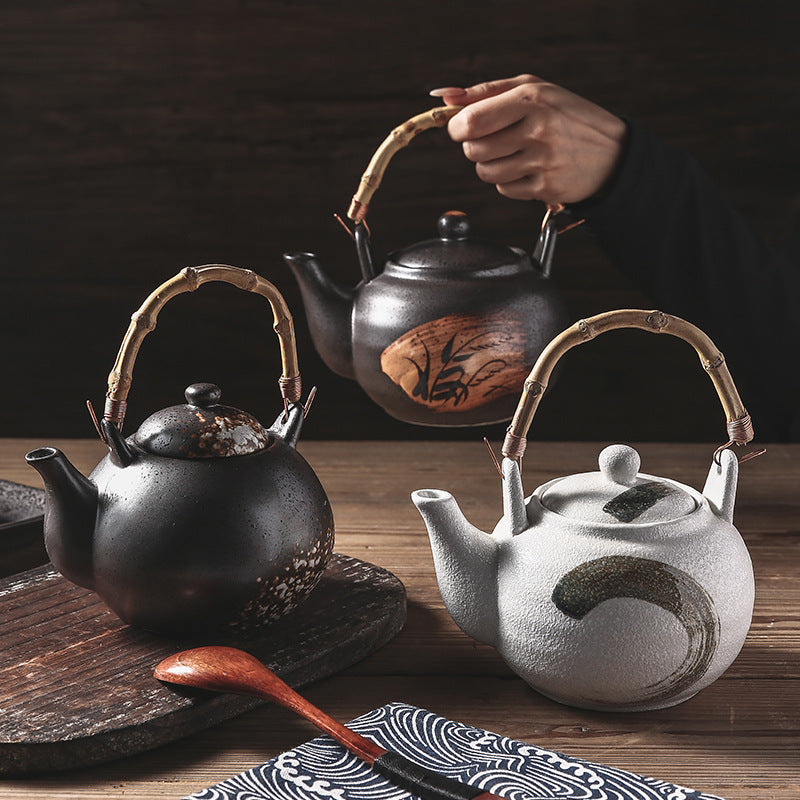 Ceramic Teapot — Wabi-sabi Glaze, Bamboo Handle