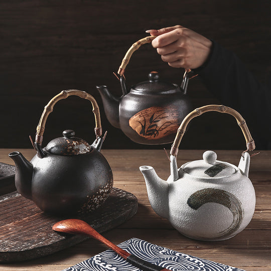 Ceramic Teapot — Wabi-sabi Glaze, Bamboo Handle