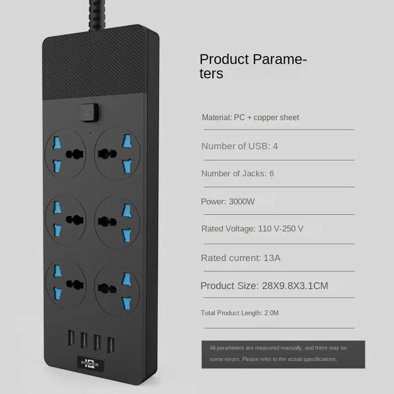 2024 New 3000W Power Strip With Built-in 4USB Interface, 6 Direct Power Sockets, 2M Cable, High-power Strip - Unique Unique Unique 2024 New 3000W Power Strip With Built-in 4USB Interface, 6 Direct Power Sockets, 2M Cable, High-power Strip