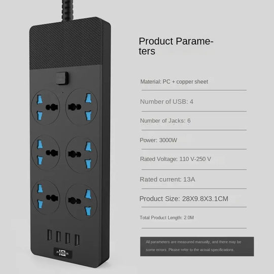 2024 New 3000W Power Strip With Built-in 4USB Interface, 6 Direct Power Sockets, 2M Cable, High-power Strip - Unique Unique Unique 2024 New 3000W Power Strip With Built-in 4USB Interface, 6 Direct Power Sockets, 2M Cable, High-power Strip