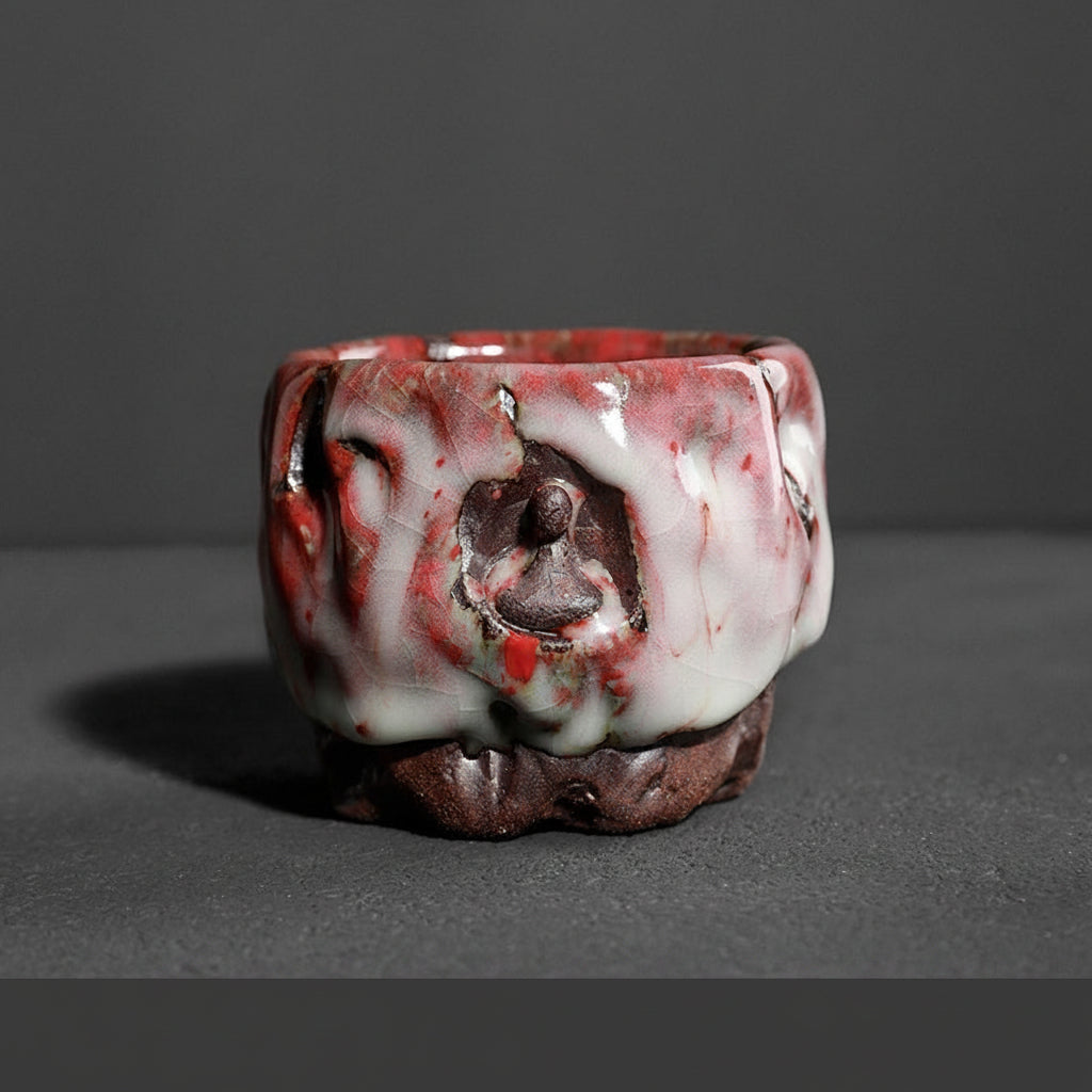 Jianzhan red burning tea cup showing red mineral flash in tenmoku glaze
