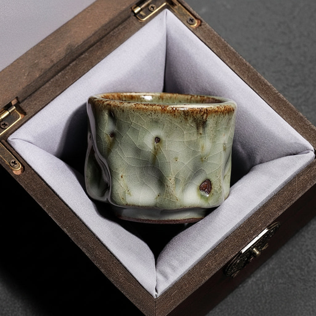 Jianzhan tea cup in open solid wooden gift box, presentation ready
