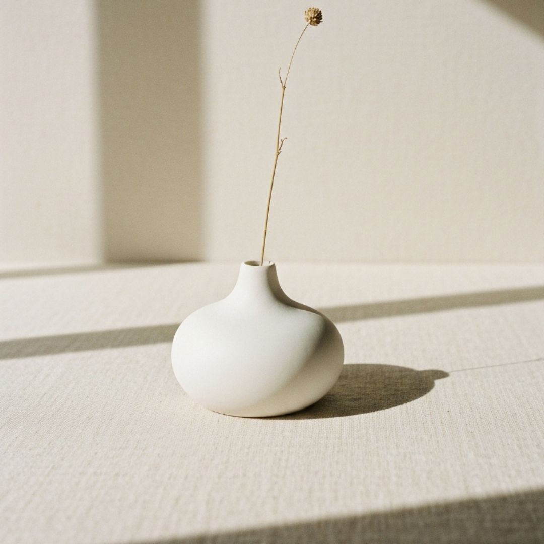 Small ceramic vase with single dried pampas grass stem on windowsill