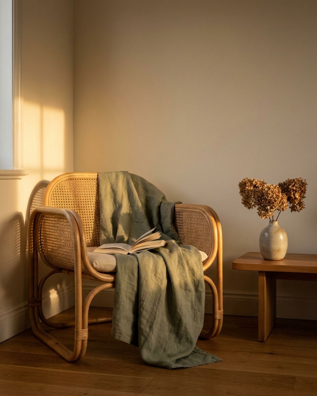 Rattan Arc Floor Lamp — Brass + Warm Light