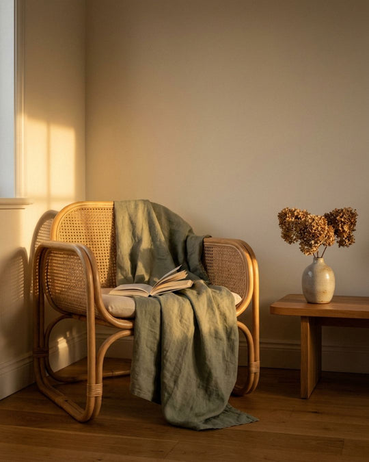 Rattan Arc Floor Lamp — Brass + Warm Light