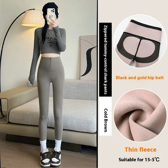 Belly-controlling Butt Lifting Leggings With Three-breasted Design Winter High Waist Slim Zippere Pants Warm Velvet And Thickened Trousers Women Clothing - Unique Unique Unique Belly-controlling Butt Lifting Leggings With Three-breasted Design Winter High Waist Slim Zippere Pants Warm Velvet And Thickened Trousers Women Clothing