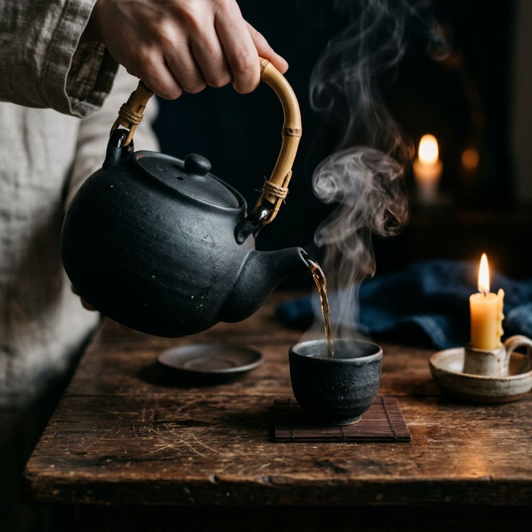 Ceramic Teapot — Wabi-sabi Glaze, Bamboo Handle