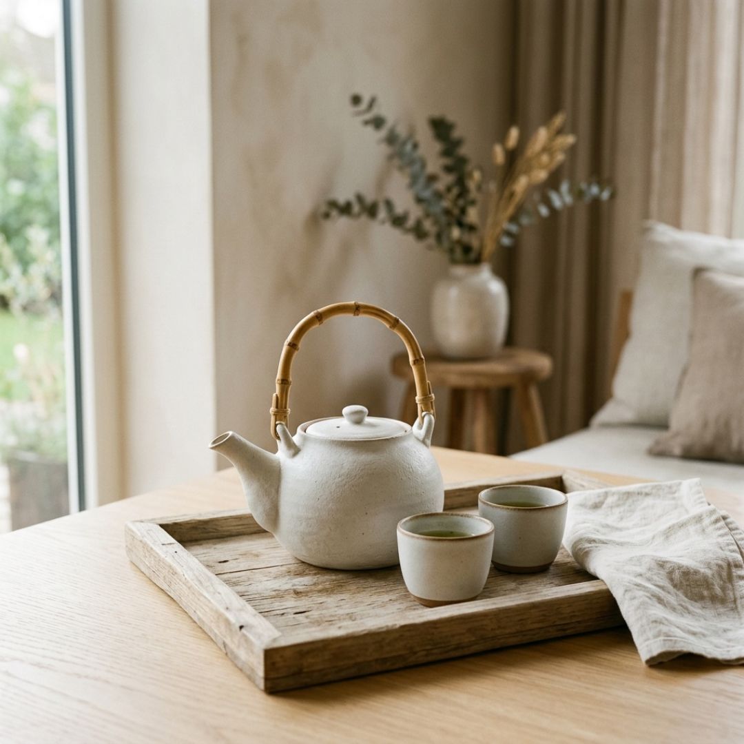Ceramic Teapot — Wabi-sabi Glaze, Bamboo Handle