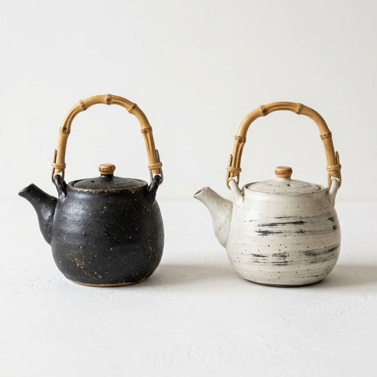 Ceramic Teapot — Wabi-sabi Glaze, Bamboo Handle